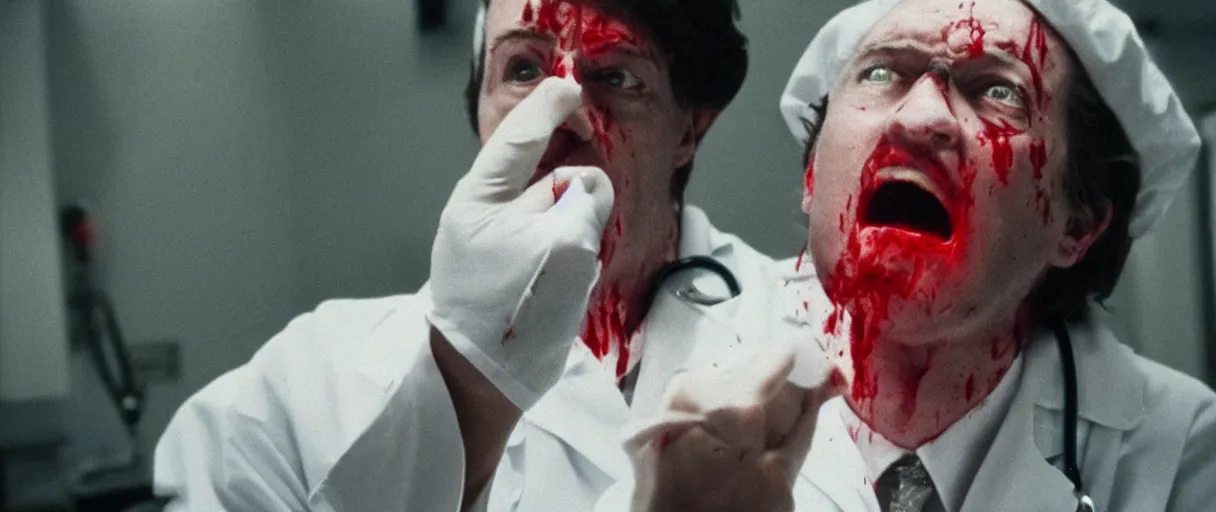 Image similar to filmic dutch angle movie still 4k UHD 35mm film color photograph of a screaming horrified doctor looking down at his wrist, his hand has been cut off, blood is gushing from the wound