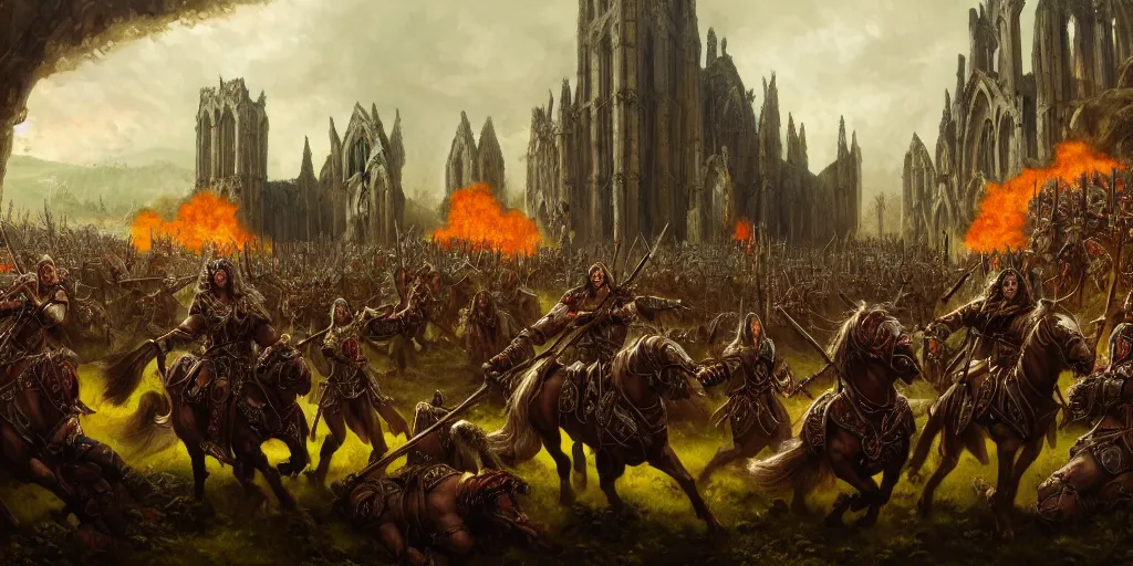 Prompt: highly detailed portrait painting of an ancient elves on hell horses war battle, abbey warhammer battle, old abbey in the background, carhedrals, giant columns, by liang xing, 8 k resolution
