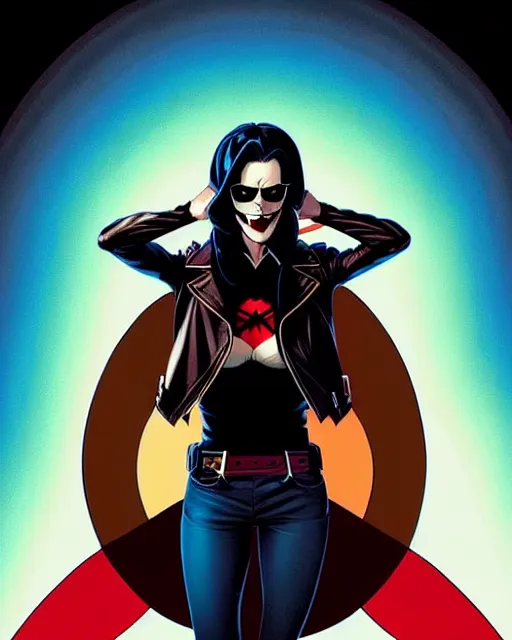 Image similar to Rafael Albuquerque comic cover art, artgerm, Joshua Middleton, pretty Eva Green vampire, sharp vampire teeth, sarcastic smile, symmetrical eyes, symmetrical face, brown leather jacket, jeans, long black hair, full body, building on fire, cool colors