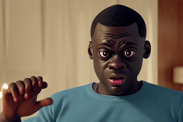 Prompt: get out ( 2 0 1 7 ), chris is being hypnotized, tears on his face, mouth slightly agape, daniel kaluuya, simple hand, medium portrait shot, pixar disney style, pixar studios, animated, cgstation, octane render, film still, best animation, visual effects