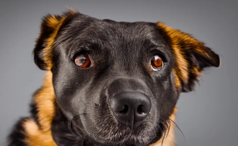 Prompt: studio photography of a smiling happy dog, detailed face, 8 k