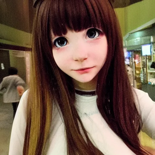 Prompt: grainy nokia mobile phone footage of an anime girl spotted in real life, off center, at an angle, found footage, jpeg artifacting, blurry, uncanny valley, smiling