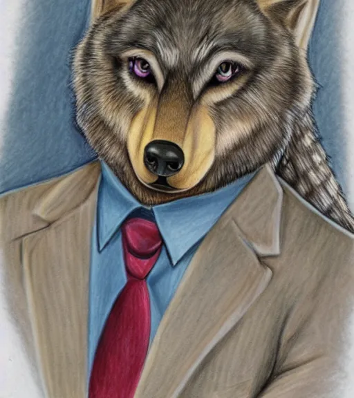 Prompt: master furry artist colored pencil drawing portrait of the anthro male anthropomorphic wolf fursona animal person detective wearing suit and tie