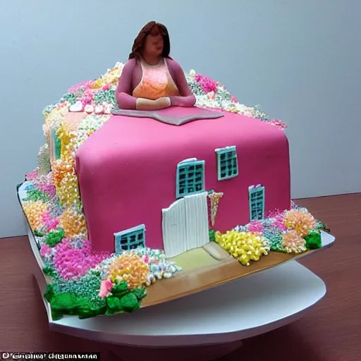 Image similar to A woman discovers that everything is made of cakes: the house, the car and even herself