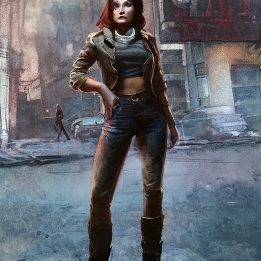 Image similar to fallout 5, charismatic beautiful rugged brunette female protagonist, portrait, outdoors ruined cityscape, atmospheric lighting, painted, intricate, volumetric lighting, beautiful, daytime, sunny weather, slight overcast, sharp focus, deep colours, ultra detailed, by leesha hannigan, ross tran, thierry doizon, kai carpenter, ignacio fernandez rios