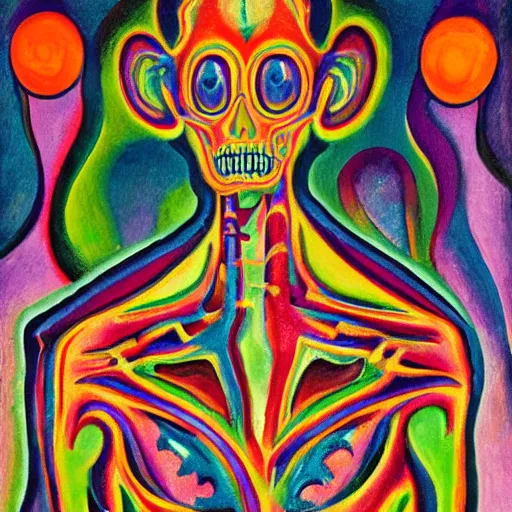 Image similar to In the center of the body art is a large gateway that seems to lead into abyss of darkness. On either side of the gateway are two figures, one a demon-like creature, the other a skeletal figure. holography, in the tundra by Alexej von Jawlensky, by Lisa Frank sinister