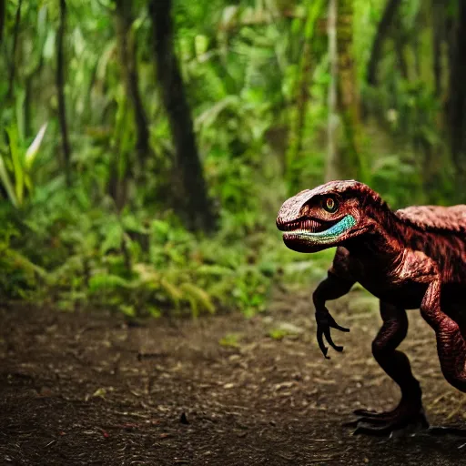 Image similar to Velociraptor dinosaur, walking in the jungle, the velocirapter has blood on its teeth, 8k, professional photography, cinematic shot, dark, smoke