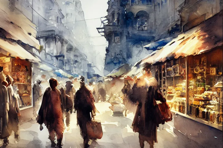 Image similar to small centered on watercolor paper, paint brush strokes, abstract watercolor painting of ancient cloth velved and silk market, fabrics, cinematic light, national romanticism by hans dahl, by jesper ejsing, by anders zorn, by greg rutkowski, by greg manchess, by tyler edlin