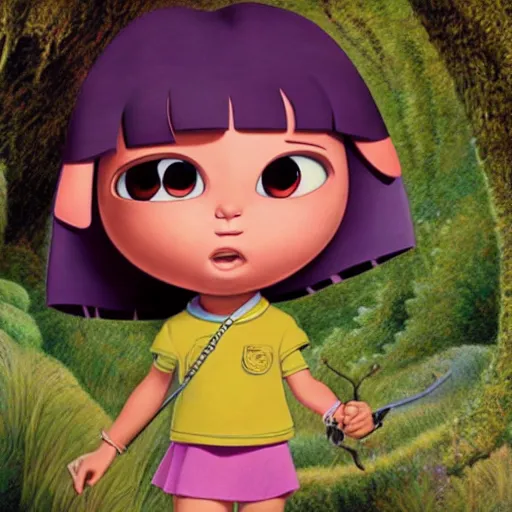 Prompt: A still of Dora The Explorer in Mark Ryden's The Lord of The Rings