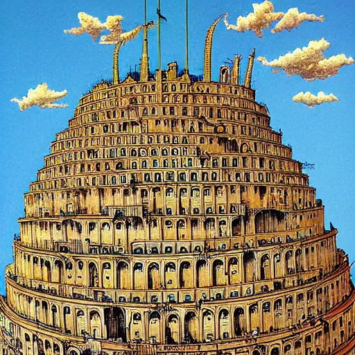 Prompt: the tower of babel, cartoon scene, by sergio aragones