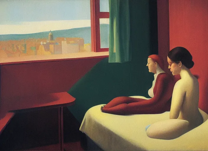 Image similar to two people in a hotel room in afternoon light, open ceiling, oil painting by edward hopper and rene magritte