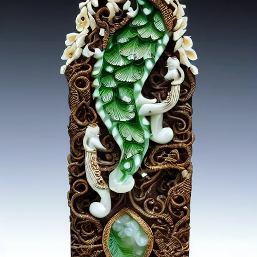 Prompt: a intricate ivory carving sculpture with birds lemons jade stones and jungle leaves, ornate, complex, highly detailed, fine detail
