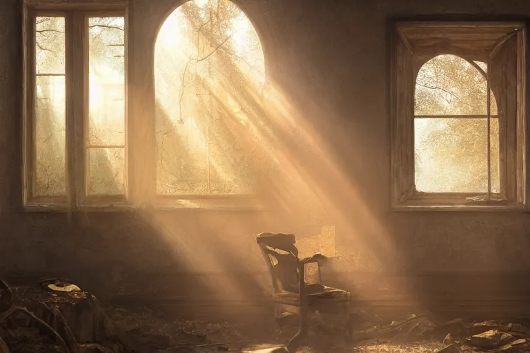 Prompt: the interior of an old abandoned house, an old oak tree grows inside the house, golden rays of sunlight enter through the window, digital art, trending on artstation, matte painting, concept art, drawn by greg rutkowski, inspired by johannes vermeer, warm colors