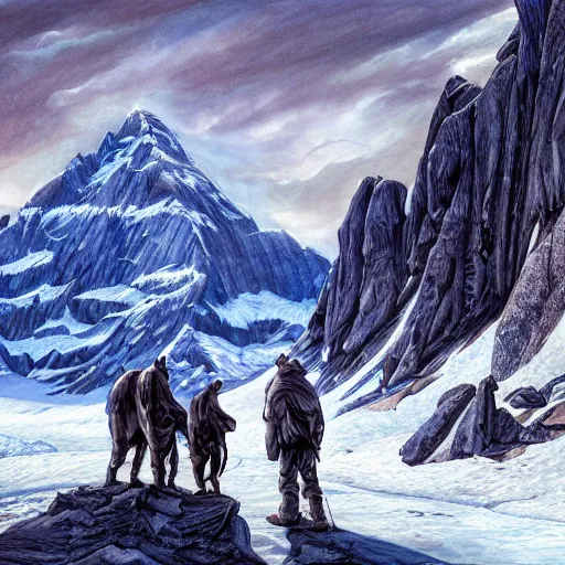 Prompt: epic masterpiece of confrontation between man and diamond mountain spirit Antarctica, gift of birth, origin mythos, astounding beauty, cinematic, establishing shot, extremely high detail, photorealistic, cinematic lighting, intricate line drawings, 8k resolution
