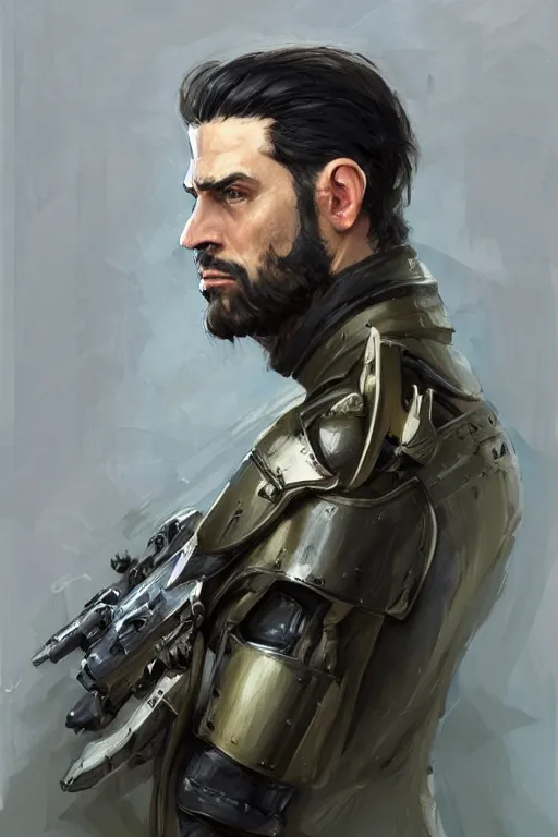 Image similar to a professionally painted portrait of John TotalBiscuit Bain, clothed in military armor, olive skin, long dark hair, beautiful bone structure, symmetrical facial features, intricate, elegant, digital painting, trending on Artstation, concept art, smooth, sharp focus, illustration, from Metal Gear by Ruan Jia and Mandy Jurgens and Artgerm and William-Adolphe Bouguerea, award winning