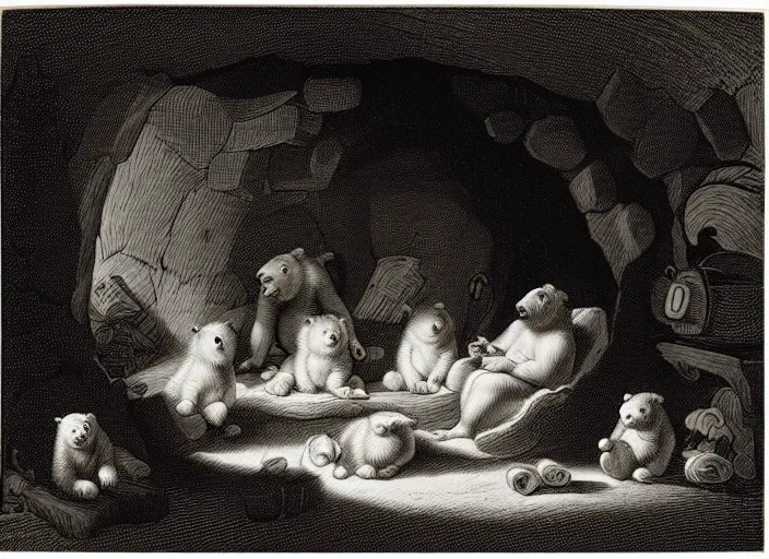 Image similar to Pieter Claesz's 'bear and her cubs sleeping in a dark cave lit by campfire', night time, cross hatching, framed