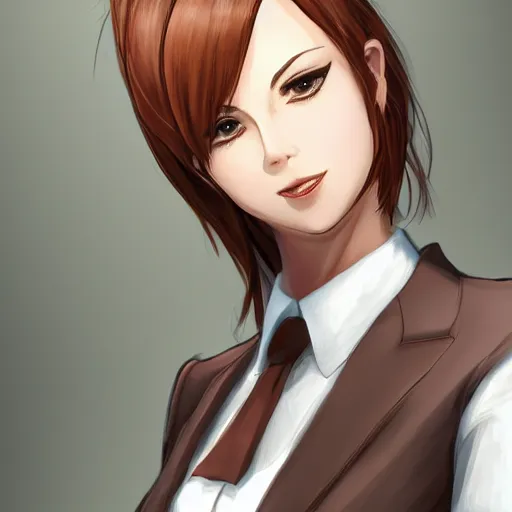 Image similar to woman in business suit, brown neat hair, pixiv, fanbox, trending on artstation, portrait, modern, sleek, highly detailed, formal, serious, determined, competent, colorized, smooth, charming, pretty, safe for work