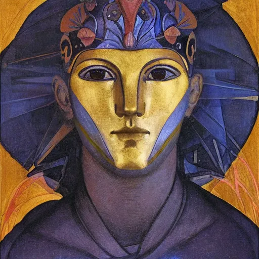 Prompt: head of a beautiful boy wearing a mask made of metal flowers, by annie swynnerton and nicholas roerich and jean delville and john watkiss, art deco shaman, stylized geometric flowers, art brut, symbolist, dramatic lighting, god rays, iridescent beetles, clean crisp graphics, smooth sharp focus, extremely detailed, adolf wolfli