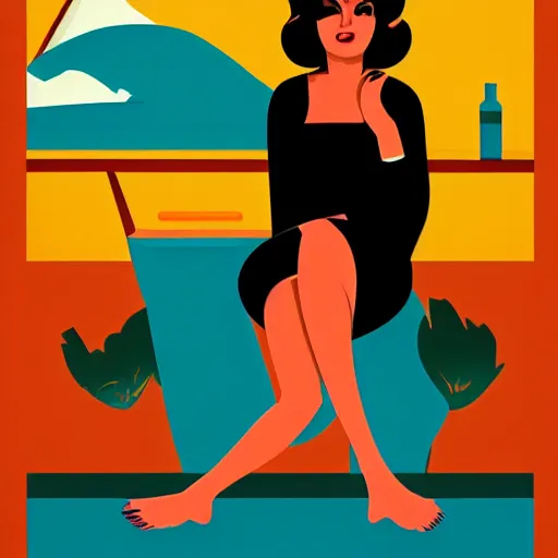 Image similar to a painting of a woman in a bathing suit sitting on a boat, an art deco painting by tom whalen, trending on behance, art deco, digital illustration, storybook illustration, art deco