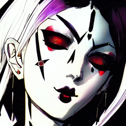 Prompt: beautiful pale - skinned goth girl with a red diamond on her forehead, yoji shinkawa