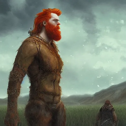 Prompt: a highly detailed portrait of a massive epic fantasy giant redhead man standing in a field concept art