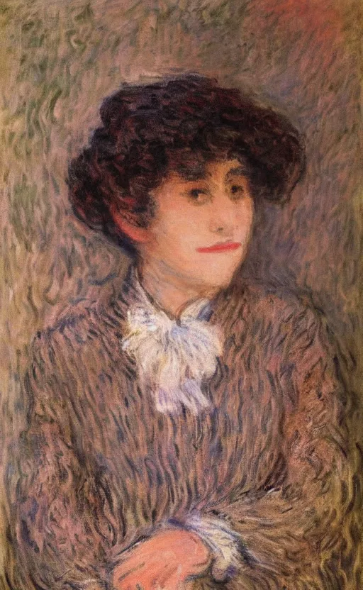 Prompt: claude monet! portrait, lady!! looking at us! brown fuzzy hair!