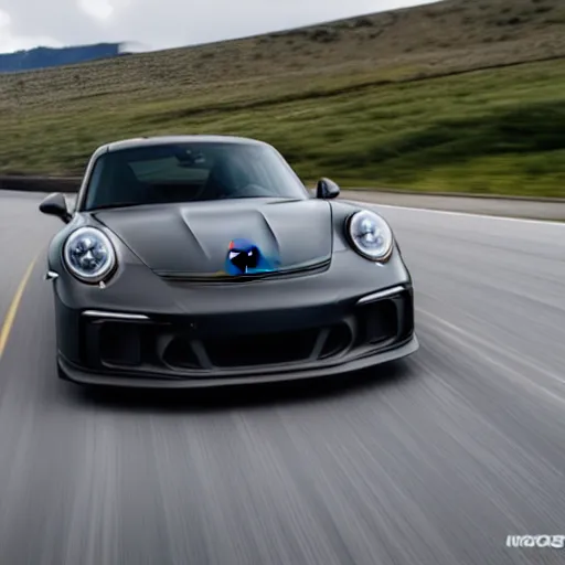 Image similar to a black 2 0 2 1 porsche 9 1 1 gt 3 driving on a windy road, action photo, 4 k