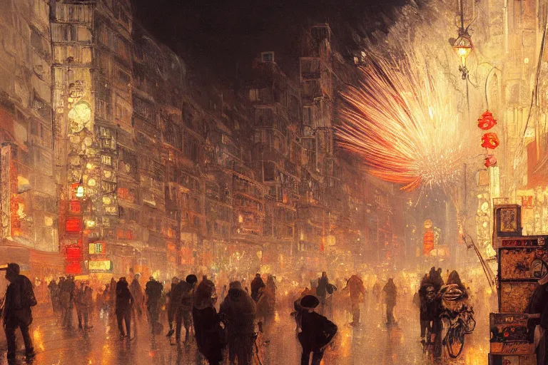Image similar to a beautiful realistic painting of a firework festival on the streets of tokyo at night, intricate, elegant, highly detailed, digital painting, artstation, concept art, by krenzcushart, artem demura, alphonse mucha