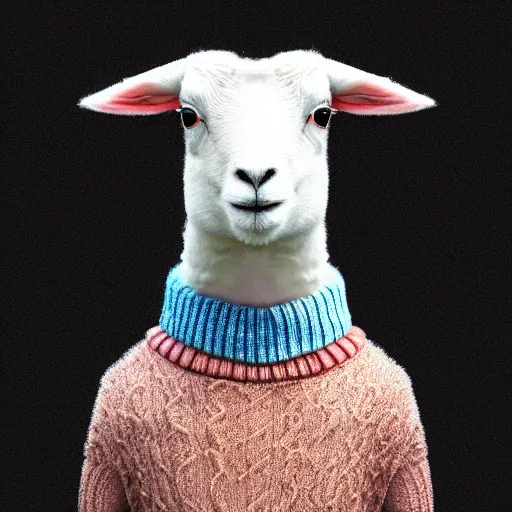 Image similar to lamb wearing a sweater, sweater, canon portrait, full body shot, 4k, hills in the background, symmetry!!, coherent, photorealistic, cold colors, Scotland artstation,