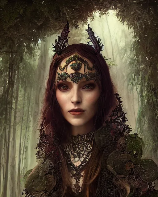 Image similar to Beautiful art portrait of Melissa Rquch as a fantasy gothic priestess in a bright temple surrounded by lush forest, atmospheric lighting, intricate detail, cgsociety, hyperrealistic, octane render, RPG portrait, ambient light, dynamic lighting