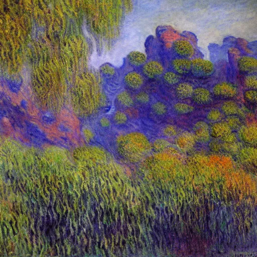 Prompt: detailed painting of a lush natural scene on an alien planet by claude monet. beautiful landscape. weird colourful vegetation. cliffs and water.