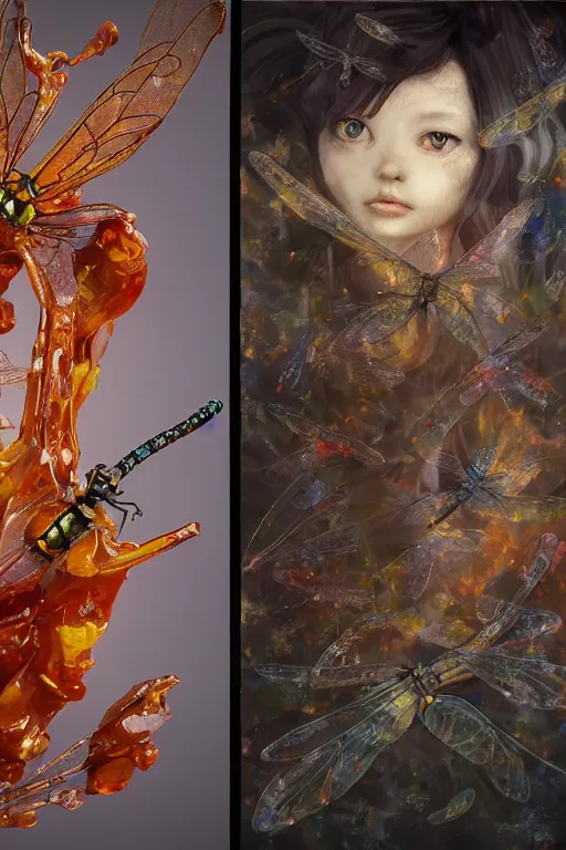 Image similar to surreal gouache painting, by yoshitaka amano, by ruan jia, by Conrad roset, by good smile company, detailed anime 3d render of big transparent amber stone with a magical eletric dragonfly inside. dragonfly inside an amber stone, amber stone on the Dj mixer portrait, cgsociety, artstation, rococo mechanical and Digital and electronic, dieselpunk atmosphere