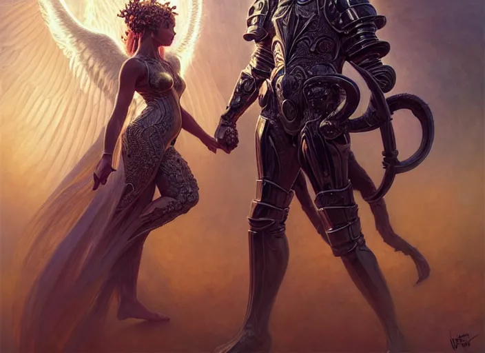 Prompt: portrait of demonic man and angelic woman in armour, passionate pose, genshin impact, intricate, elegant, golden glow, sharp focus, soft bokeh, illustration, highly detailed, concept art, matte, trending on artstation, bright colors, art by wlop and artgerm and greg rutkowski, mucha, giger, marvel comics, beksinski