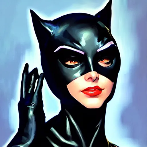 Image similar to Greg Manchess portrait painting of Catwoman as Overwatch character, medium shot, asymmetrical, profile picture, Organic Painting, sunny day, Matte Painting, bold shapes, hard edges, street art, trending on artstation, by Huang Guangjian and Gil Elvgren and Sachin Teng