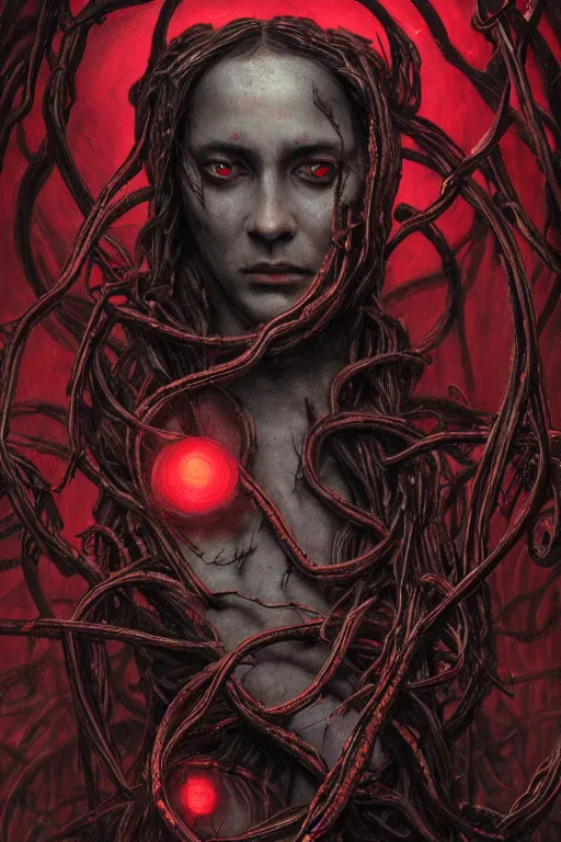 Prompt: realistic portrait beautiful detailed matte painting of cinematic movie scene a mummy, tentacles, black and red, thorns, vines, horror, created by gustave dore and greg rutkowski, high detailed, smooth draw, synthwave neon retro, intricate, realistic proportions, dramatic lighting, trending on artstation.