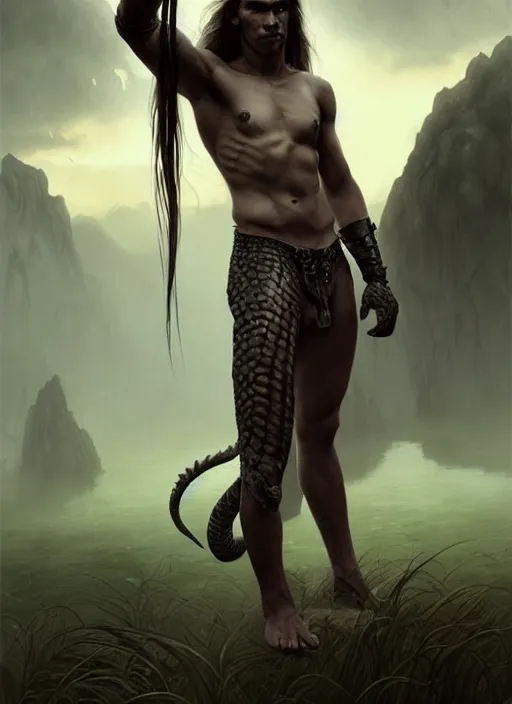 Prompt: a strong male fighter with long hair, reptile skin with a tail on his back, black wings slightly burnt, swamp landscape, fantasy magic, braids , dark light night, intricate, elegant, sharp focus, illustration, highly detailed, digital painting, concept art, matte, art by WLOP and Artgerm and Greg Rutkowski and Alphonse Mucha, masterpiece