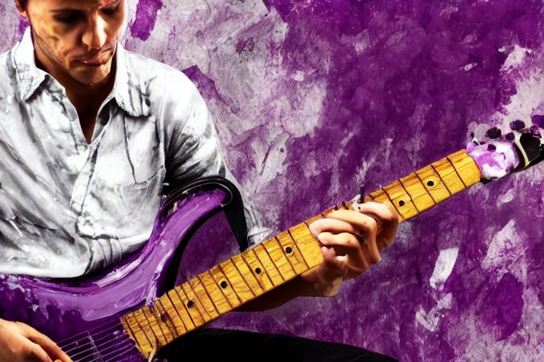 Image similar to dripping purple faded paint across the shape of a male human playing guitar, realistic, high detail, on a white damage background