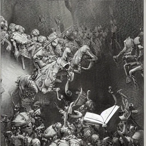 Image similar to big opened book, open book page, don quixote leave the book, cinematic romantic magical masterpiece, by gene wolfe, highly detailed painting by gustave dore