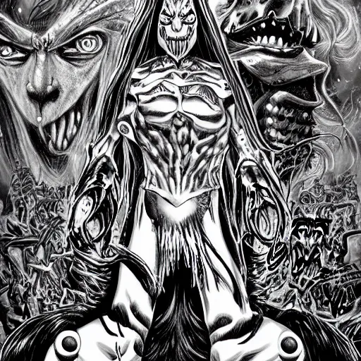 Image similar to Metalocalypse by Kentaro Miura, highly detailed, black and white