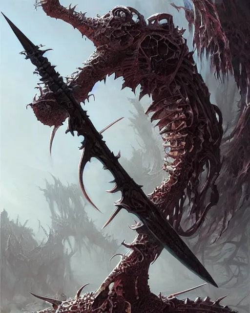 Image similar to The last enemy that shall be destroyed is death, full body image, artwork by artgerm, Luminism, medievil spear, D&D, extraordinary phenomenon, fantasy, intricately detailed, elegant, digital painting, smooth, sharp focus, art by Greg Rutkowski, art by Ruth Asawa, art by Stephan Martiniere, art by Ted Nasmith, art by H.R. Giger