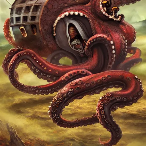 Image similar to ancient octopus monster devouring a school bus, crushing a school bus, highly detailed, 8 k, trending on artstation, award - winning art,