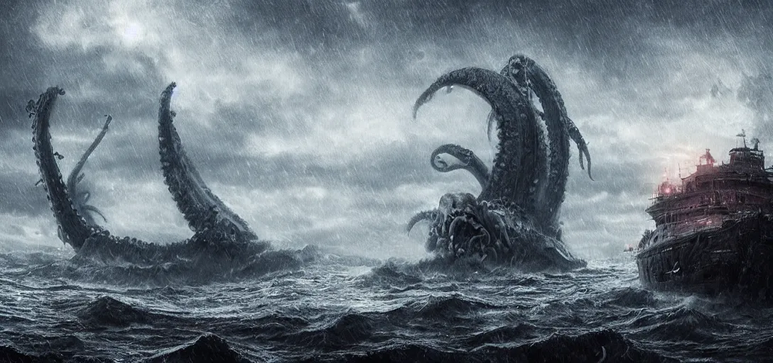 Image similar to one single ship gets eaten by giant kraken, tentacle, rainy night, dramatic lighting, cinematic, establishing shot, extremly high detail, foto realistic, cinematic lighting, post processed, concept art, artstation, matte painting