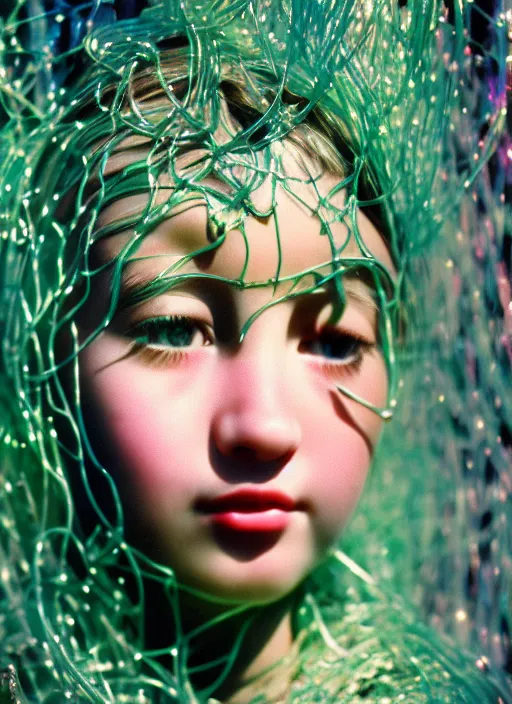 Image similar to realistic photo of a a blurred face of a girl, covered in plastic iridescent vines 1 9 6 0, life magazine photo, natural colors, metropolitan museum, kodak, 8 k, very detailed, high resolution, product photo,