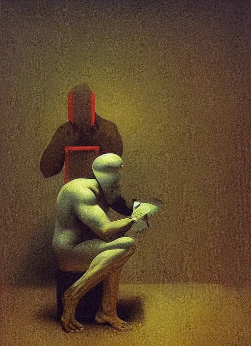 Prompt: ape in paper bag over the head and a sward Edward Hopper and James Gilleard, Zdzislaw Beksinski, highly detailed