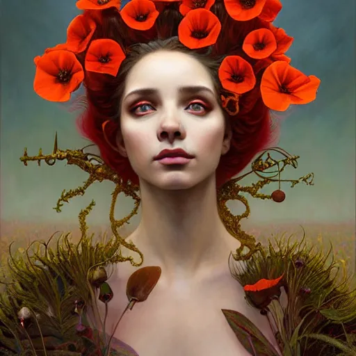 Prompt: young poppy queen, unique non conventional beauty, surreal, fantasy, intricate, elegant, dramatic lighting, emotionally evoking symbolic metaphor, highly detailed, lifelike, photorealistic, digital painting, artstation, concept art, smooth, sharp focus, illustration, art by Krenz Cushart and Artem Demura and Alphonse Mucha and Albert Aublet