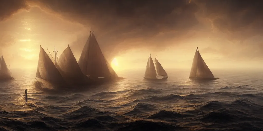 Prompt: strange sea surface of planet at sunset, caustics, refraction, sailing ship on horizon, ultra high definition, ultra detailed, symmetry, fog, matte painting, by greg rutkowski and ross tran and wlop