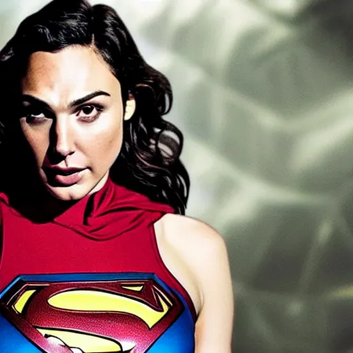 Image similar to a portrait of Gal Gadot wearing Superman suit of Henry Cavill version