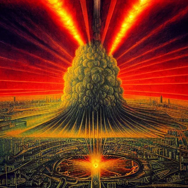 Prompt: moscow nuclear explotion by jheronimus bosch, armageddon, hyper realistic, sharp focus, depth of field, hyper detailed visionary art, symmetric, magic symbols, holy halo, dramatic ambient lighting, high detail, vibrant colors,