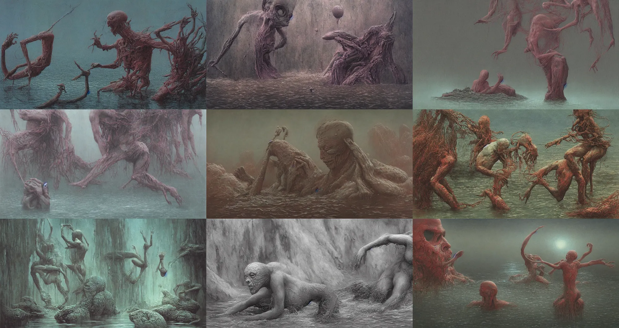 Prompt: painting of a humanoid creature submerge river by wayne barlowe and beksinski