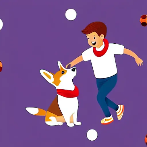 Image similar to illustration of french boy playing football with a corgi wearing a polkadot scarf in front of the eiffel tower